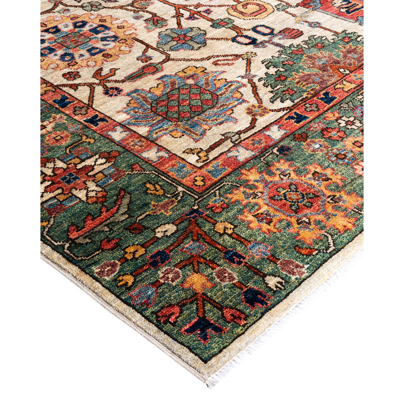 Hand-Knotted Geometric Wool Area Rug in Beige and Red