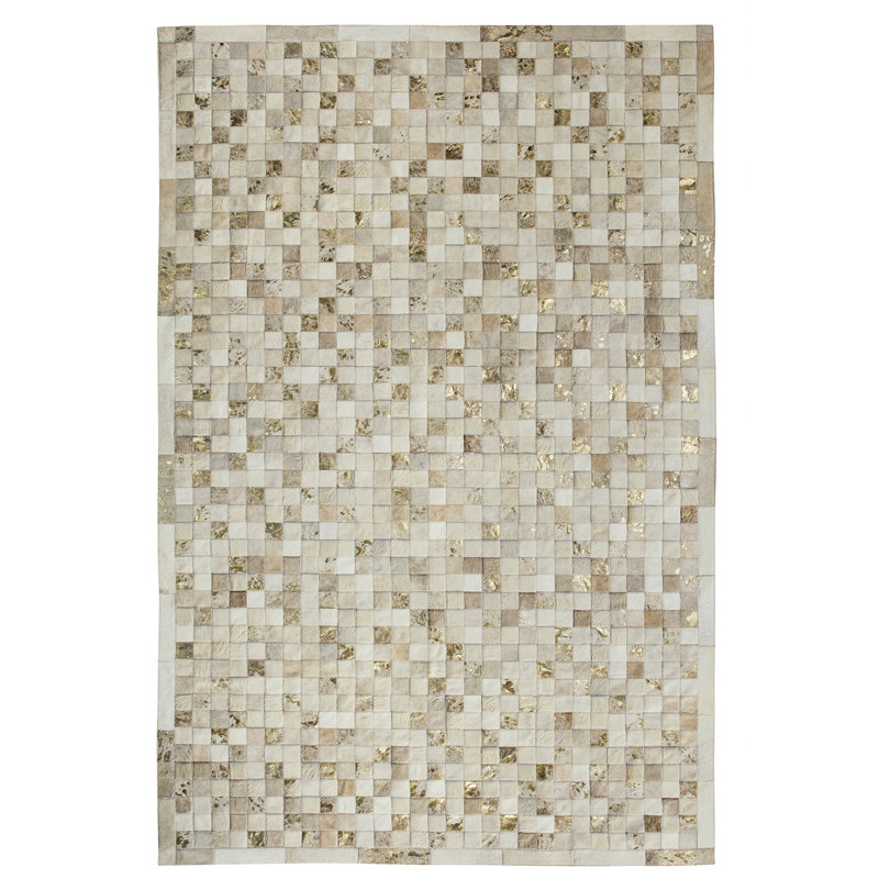 Large Rhodium Cowhide Geometric Patchwork Rug