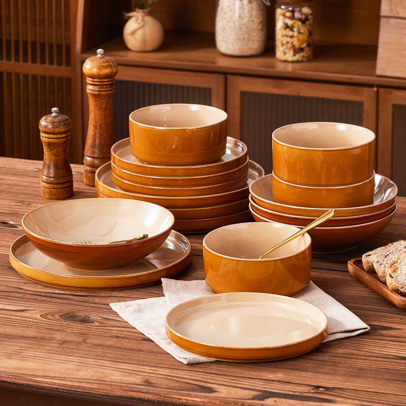 Ensemble de 16 pièces en grès émaillé deux tons pour 4 personnes, ombre brun terreux, assiettes à rebord surélevé, assiettes à dessert, bols à soupe et à céréales