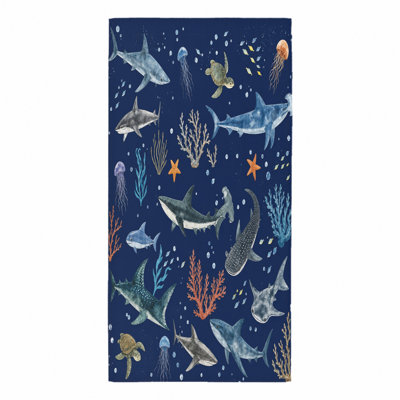 1 pièce de serviette de plage Ocean Life, avec des requins, des tortues de mer et des méduses dans un style aquarelle. Grande microfibre, idéale pour la baignade, les jours, les voyages, unisexe.