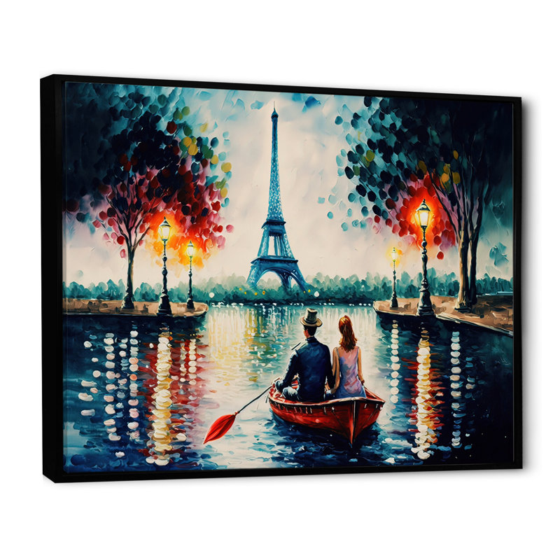 Soirée romantique sur un petit bateau IV - Peinture sur toile, H 30 po x l 40 po x P 1,5 po, Cadre flottant noir