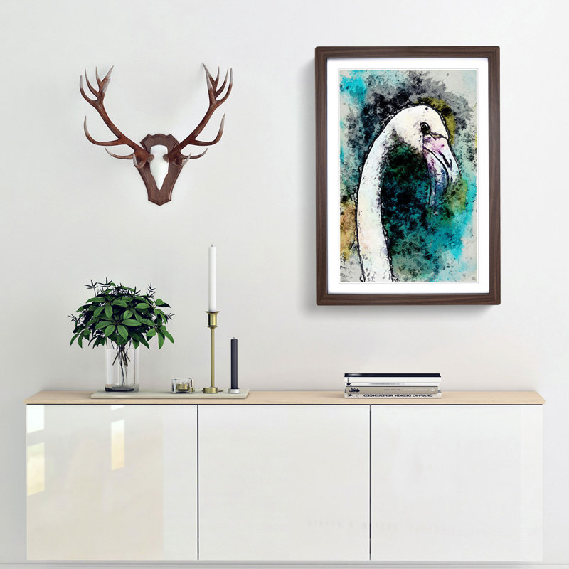 A Pink Flamingo Bird in Abstract - Picture Frame Painting Print, 48cm H x 36cm W x 2cm D, Walnut Framed