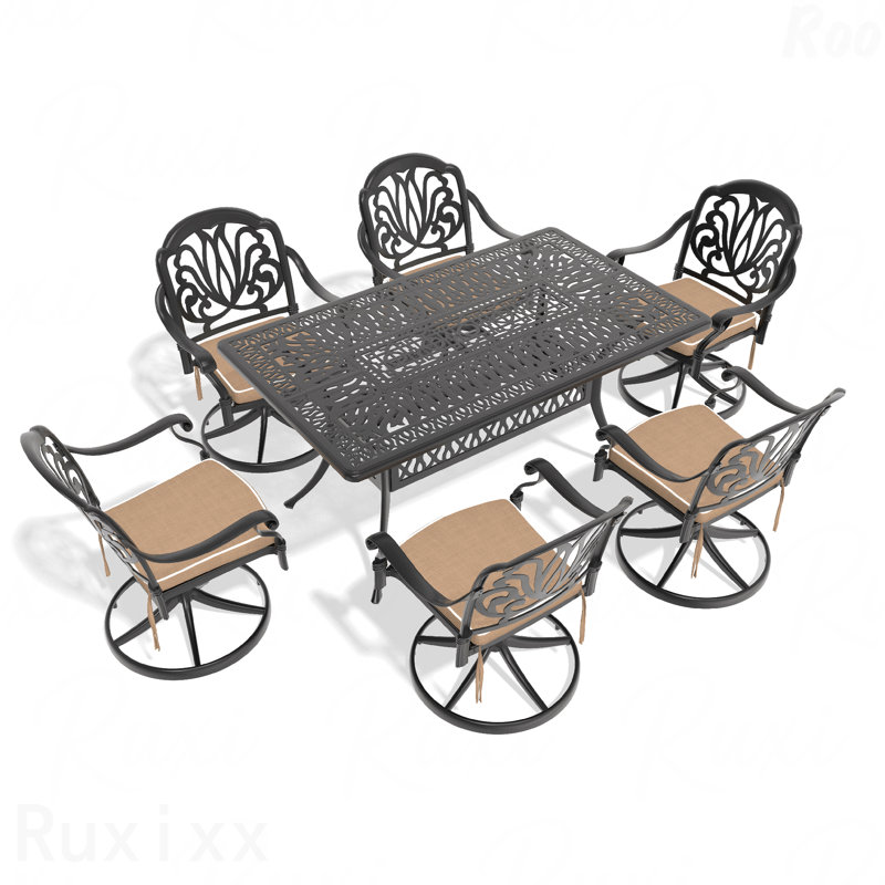 Ensemble de salle à manger 7 pièces en fonte d'aluminium toutes saisons comprenant 6 chaises pivotantes et une table rectangulaire avec cadre noir