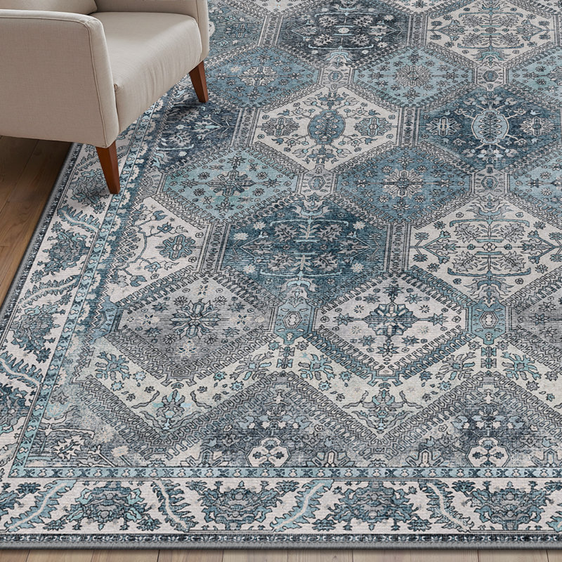 Tapis antidérapants bleu / ivoire lavables à la machine, Rectangulaire 8 pi x 10 pi