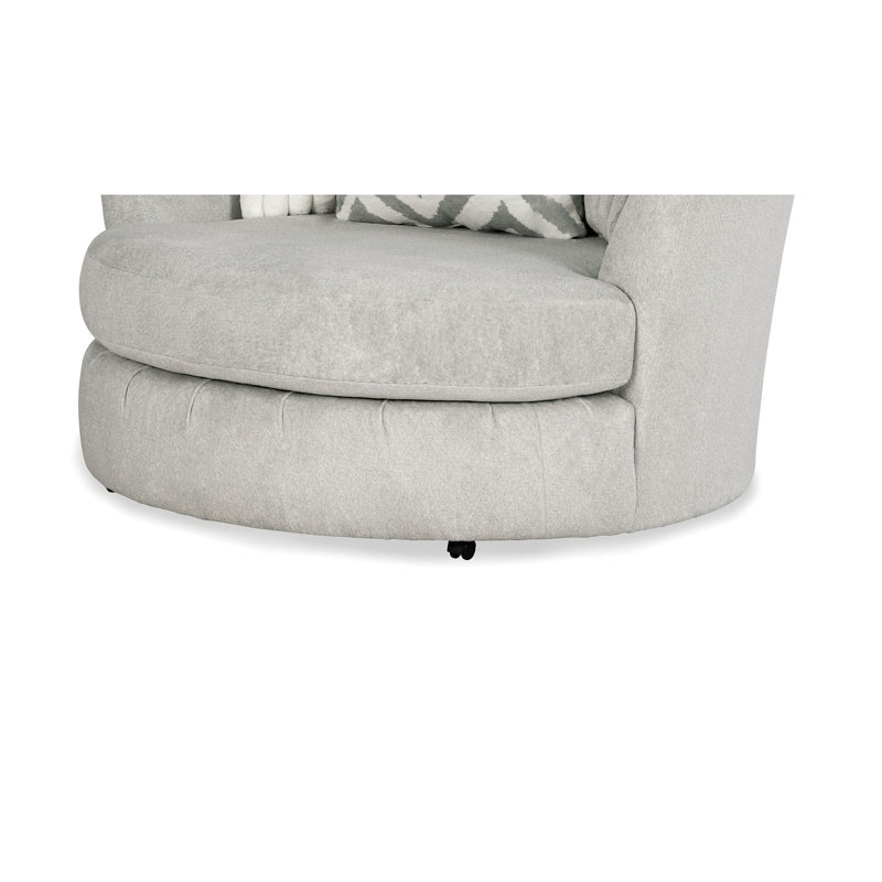 Fauteuil pivotant rond de style transitionnel avec accoudoirs incurvés en chenille grise et bois massif