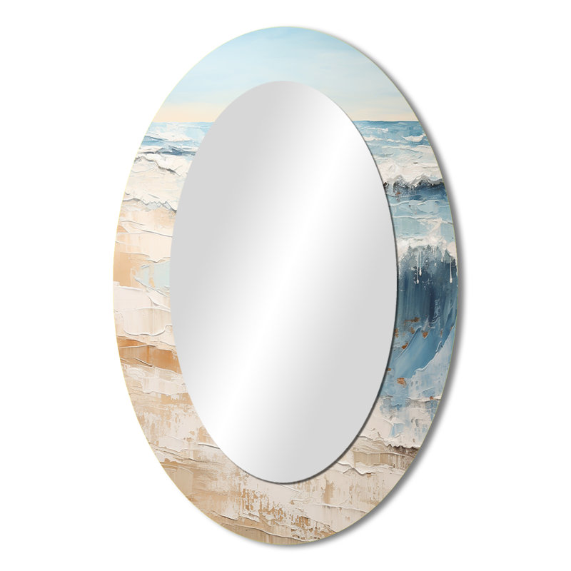 Golden And Blue Beach Tranquillity I - Beige Oval Wall Mirror Decor, 36" x 24"