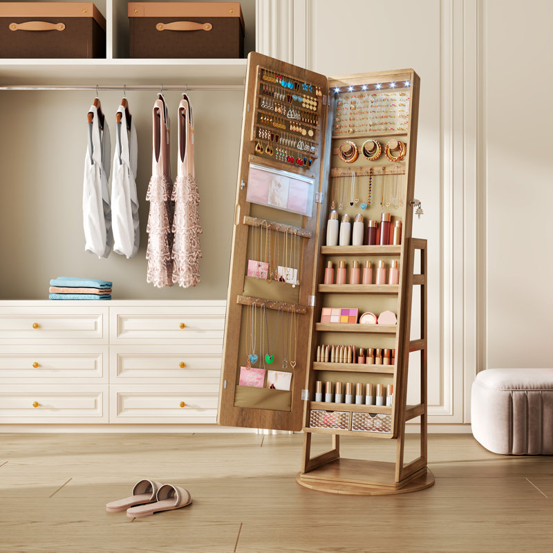 Armoire à bijoux pivotante à 360 °, armoire à bijoux verrouillable avec miroir pleine longueur, Brun