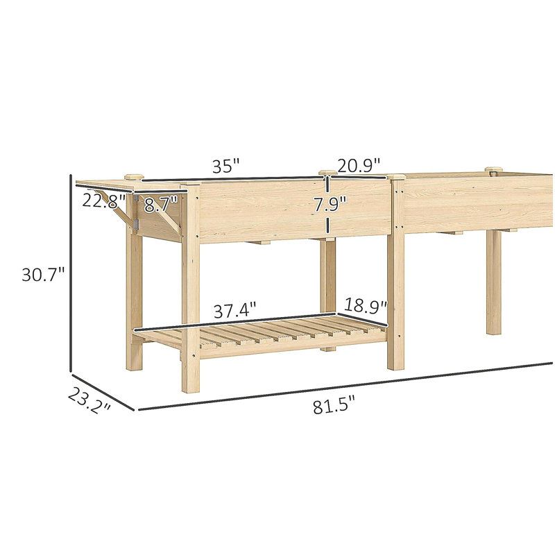 Lit de jardin surélevé, boîte de jardin surélevée en bois, avec table d'appoint, tablette inférieure, doublures de lit et trous de drainage