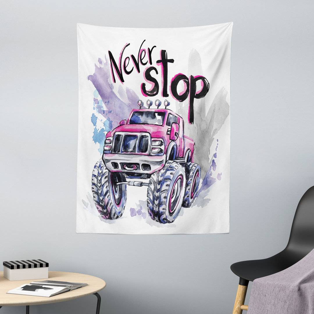 Wandteppich, Never Stop Wörter, Monster Truck, Mehrfarbig