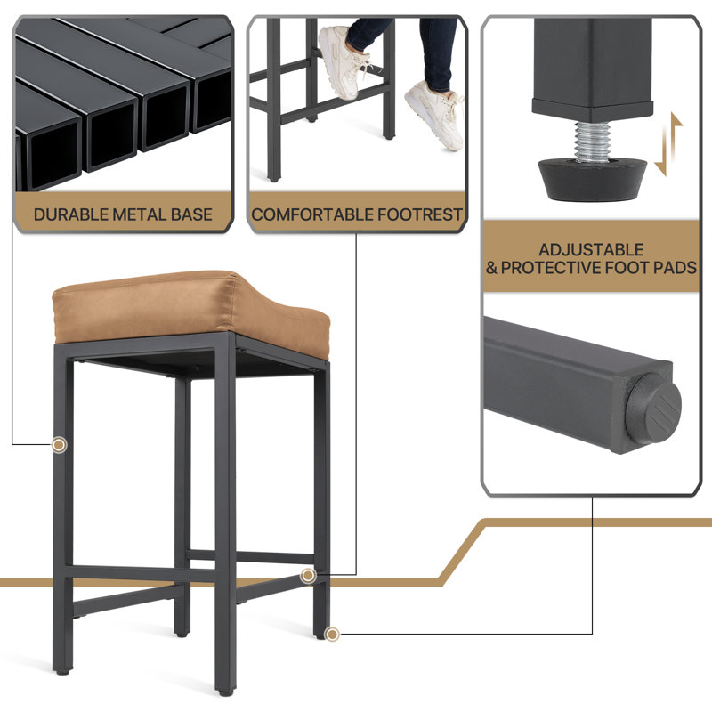 Upholstered Saddle Bar Stools Counter Height Stools Barstools Bar Chairs with Curved Seat & Footrest, Camel
