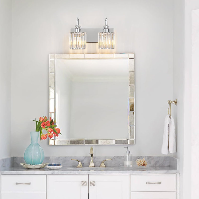 Modern Crystal Bathroom Vanity Light Fixture With K9 Crystal Shades For Over Mirror Installation, Chrome