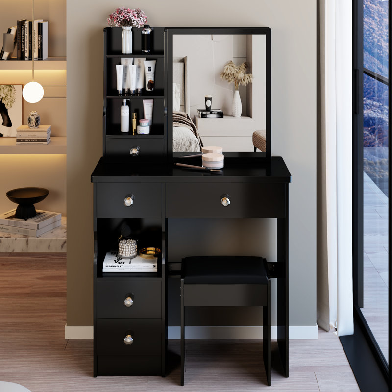 Petit - Petit meuble-lavabo avec tiroir à gauche 29,2 po et tabouret, très grand miroir coulissant, rangement multi-couches, style américain, compatible noir