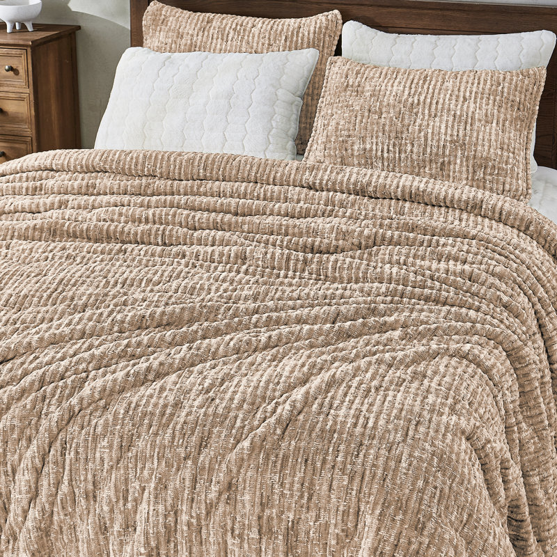 Heather Taupe King Velvet Quilt Set with Embroidery