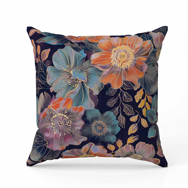 Coussin Painted Petalscape, Carré 20 po, Bleu / orange / marine
