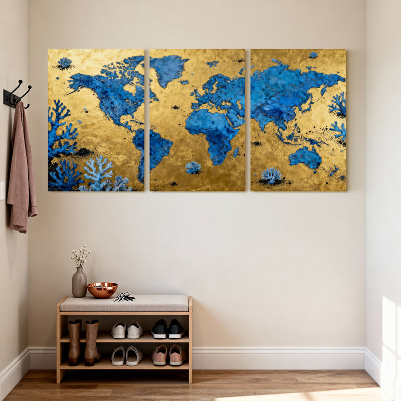 Carte du monde doré avec motif de corail bleu, ensemble de 3 impressions sur toile, H 24 po x l 48 po