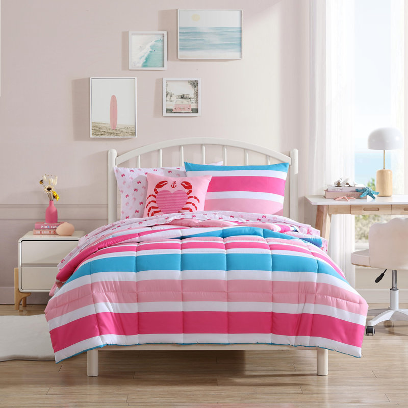 Ensemble d'édredon pour enfants Nautica Cru, Édredon simple + 1 taie décorative standard + 1 , Rayure rose