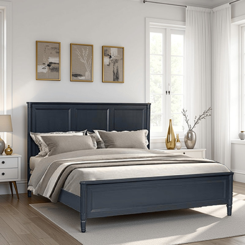 Alta Bed, Classic French Design, Malta Solid Wood Frame, Malta Blue, Queen