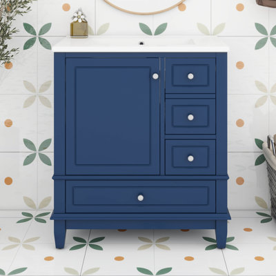 Ensemble de meuble-lavabo en bois massif 30 po avec lavabo en céramique, ensemble de meuble-lavabo simple avec une porte et trois tiroirs