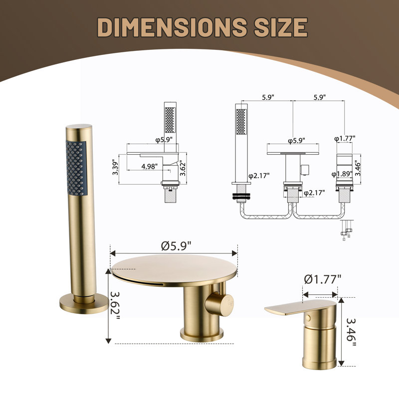 Three Holes Deck Mounted Bathroom Bathtub Faucet, Roman Waterfall Tub Filler with Hand Shower, Brushed Gold