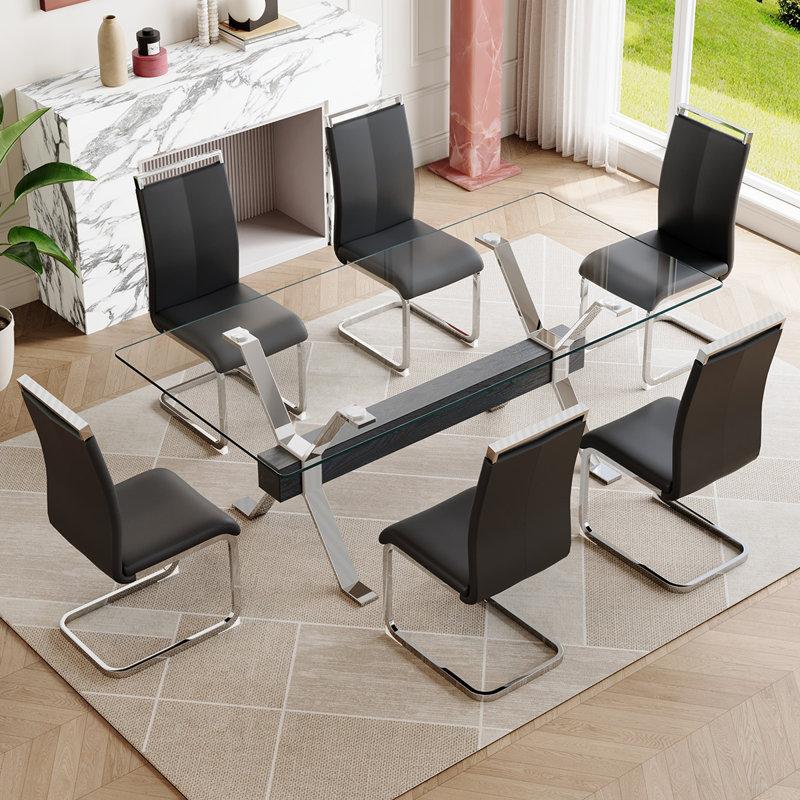 71'' Glass Dining Table,Rectangular Kitchen & Dining Table, Silver/Black