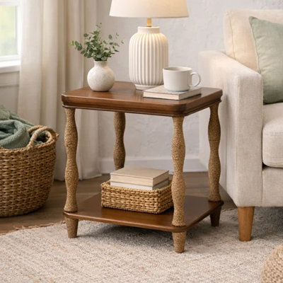 Table de bout en bois l 20 po avec pieds tournés et tablette inférieure, style traditionnel