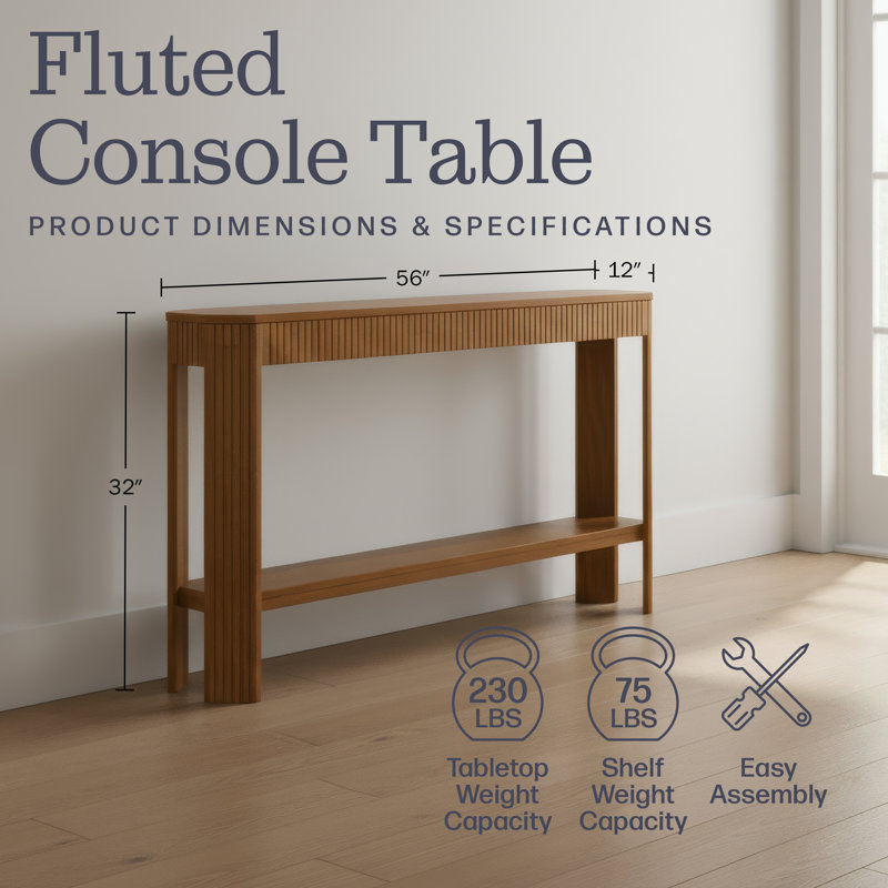Fluted 56-Inch Console Table with Storage Shelf, Oak, Oak