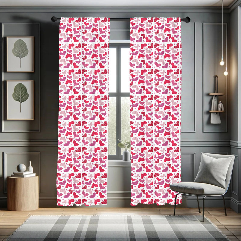 Coral and Pink Heart Pattern Room-Darkening Polyester Curtain Panels