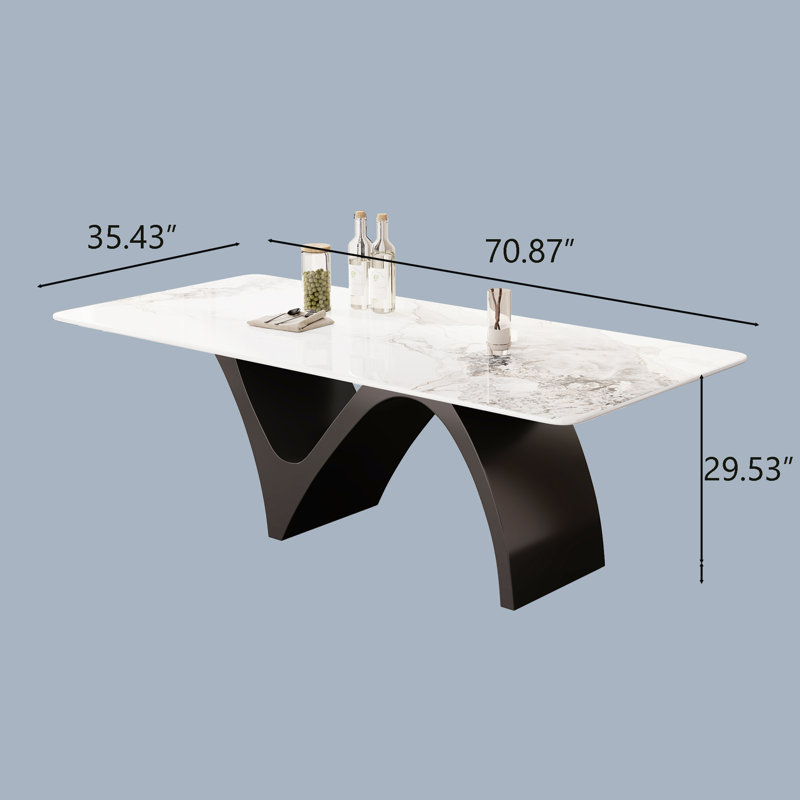 Modern Rectangular Dining Table, Glossy White Kitchen Table with Sintered Stone Table-top, N-Shaped Steel Legs