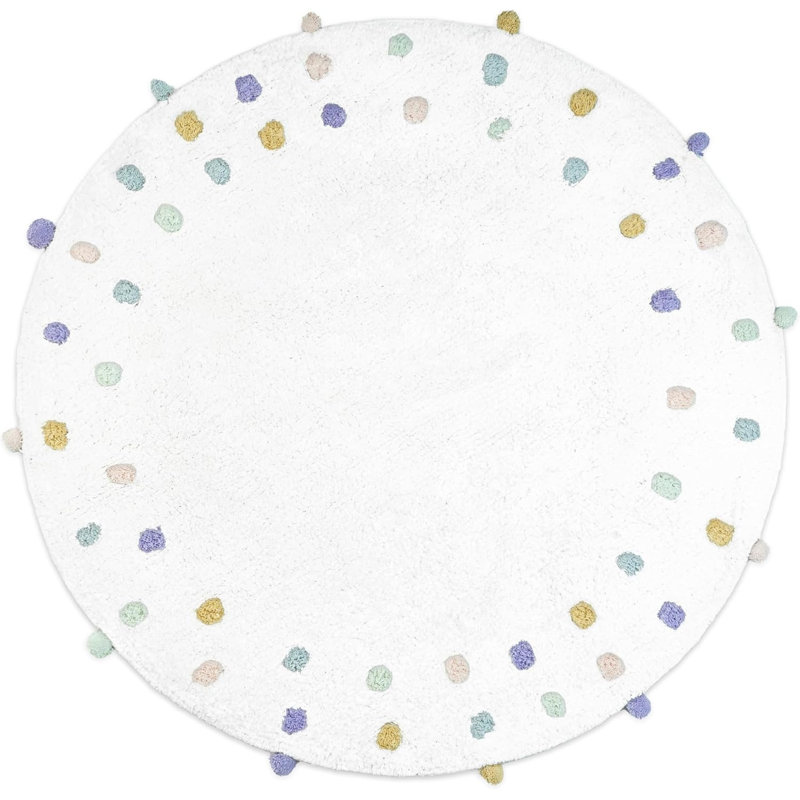 32" White Green And Purple Cotton Round Polka Dots Bath Rug