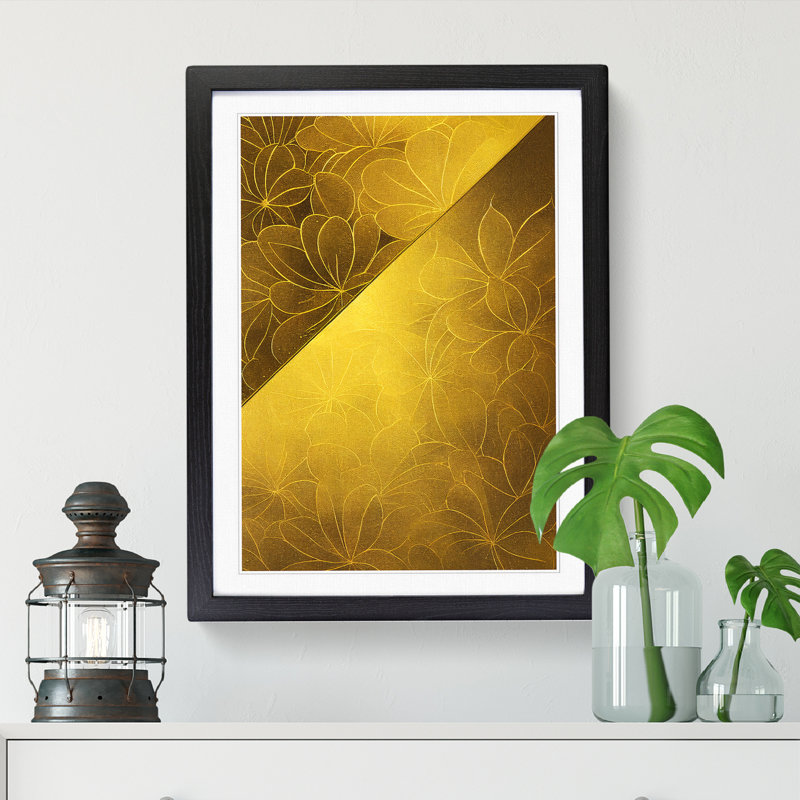 FRM-V0523-844X Flower Print Gold Leaf 1 Piece Wall Art, 34cm H x 25cm W, Oak Framed