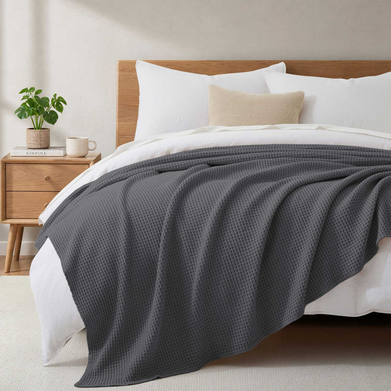 Couverture en coton tissé gaufré pour un confort en toute saison, Double/Grand, Gris foncé