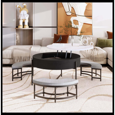 Table basse moderne à plateau relevable avec rangement et 3 repose-pieds blanc et noir