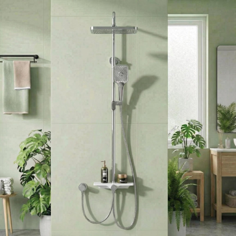 Shower Riser Rail Kit with Storage Shelf – 30 cm Square Rainfall Shower Head & 3+1 Function Handheld with Power Jet Spray, Height-Adjustable Shower Column, Chrome (Mixer Not Included)