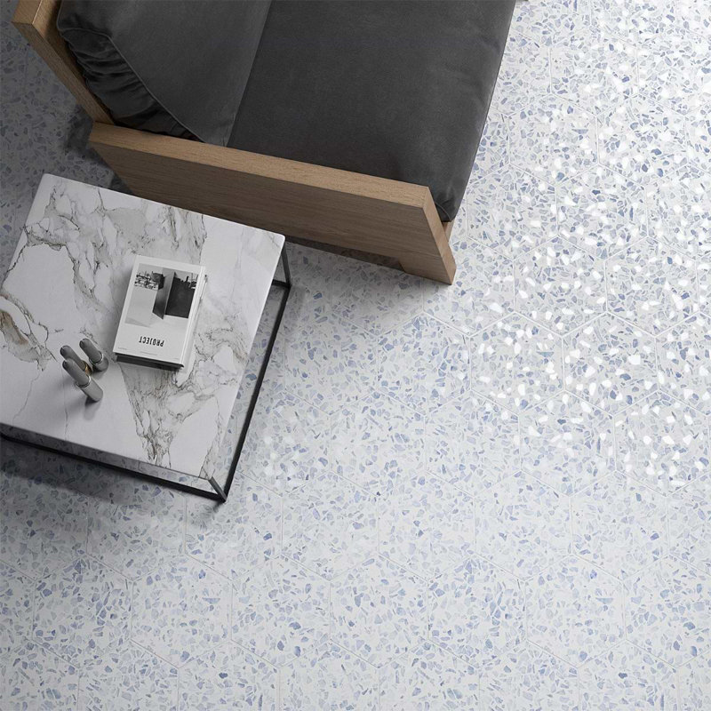 Terrazzo 9" Hexagon Matte Terrazzo Look Porcelain Tile, Hex Blue