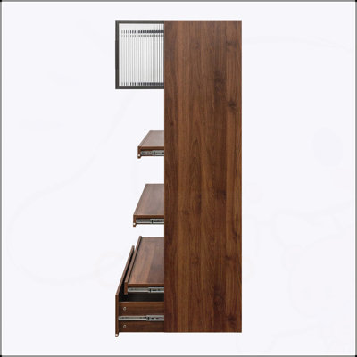 Grand garde-manger avec tablettes coulissantes multifonctionnelles, tiroir et porte en verre à cadre en aluminium pour un rangement organisé