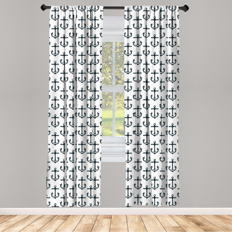 East Urban Home Nautical 4-Panel Curtains, Oceanic Themed Anchors, Dark Petrol Blue and White, 56" W x 84" L