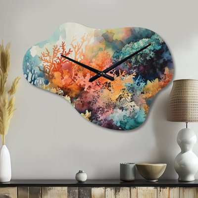 Vibrant Coral Reef I - plage horloge murale asymétrique en métal, impression d'horloge murale nuage moderne