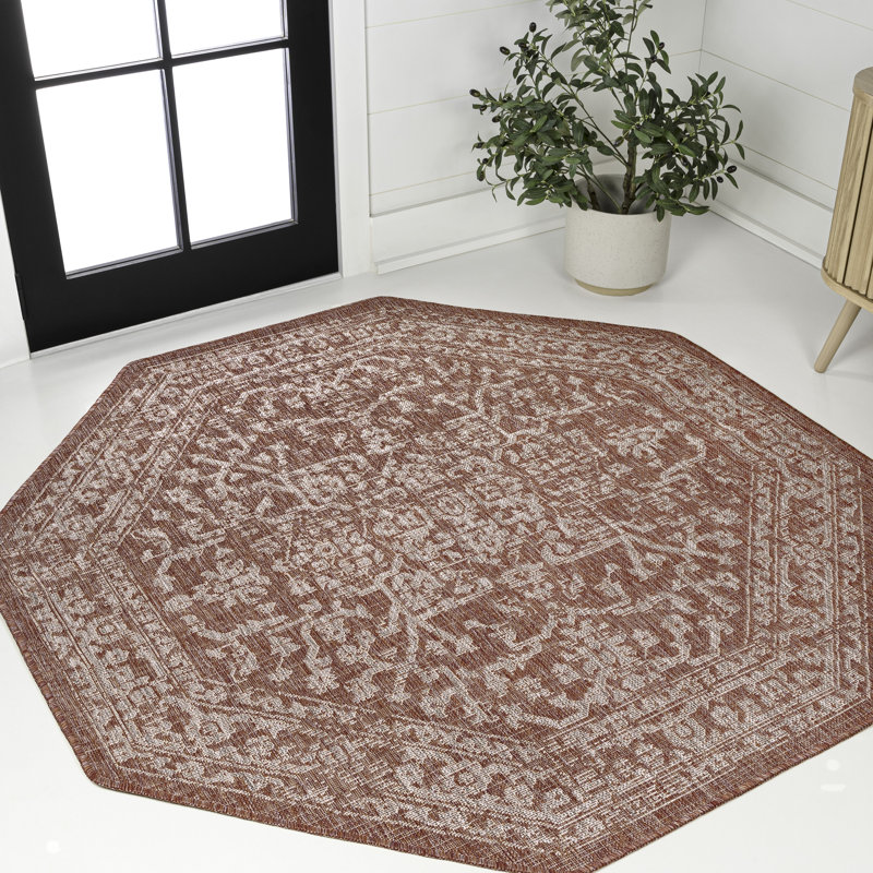 Massimo Bohemian Medallion Textured Weave Red/Taupe Indoor/Outdoor Rug, Octagon 7'9"