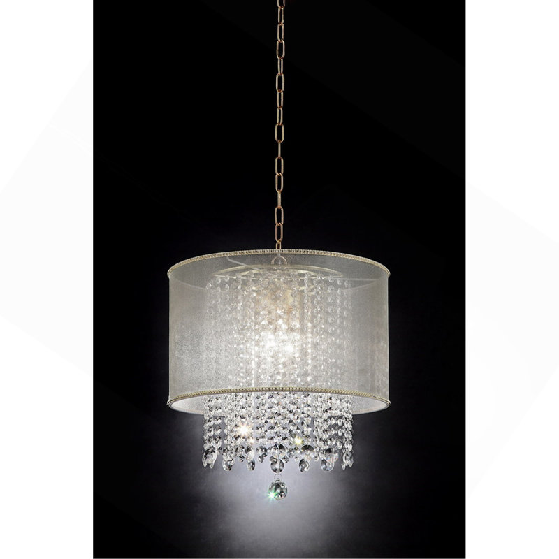 21 po de hauteur plafonnier «Bhavya» avec finition or et accents de cristal, abat-jour blanc