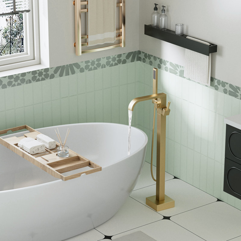 Freestanding Square Tub Faucet With Handheld Shower, 304 Stainless Steel Floor-Mount Bathtub Filler With Waterfall Spout And CUPC Ceramic Valve