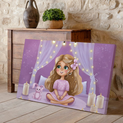Toile, scène fantaisiste mettant en vedette une jeune fille avec de longs cheveux blonds ornés d'un arc rose assis