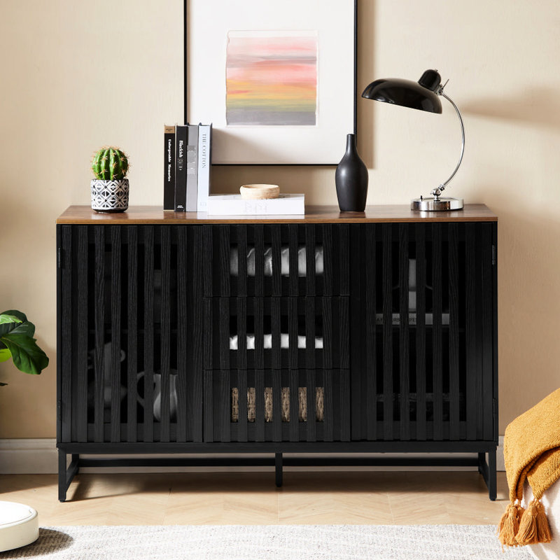 Commode noire à 3 tiroirs et 4 tablettes, grille et rayures, fabriquée en métal et pour différentes pièces