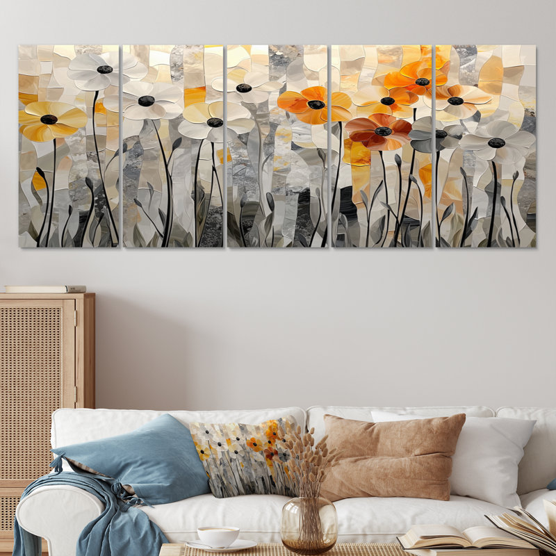 Champ de mosaïque géométrique gris coquelicots I - coquelicots - Art mural traditionnel, H 32 po x l 80 po, 5