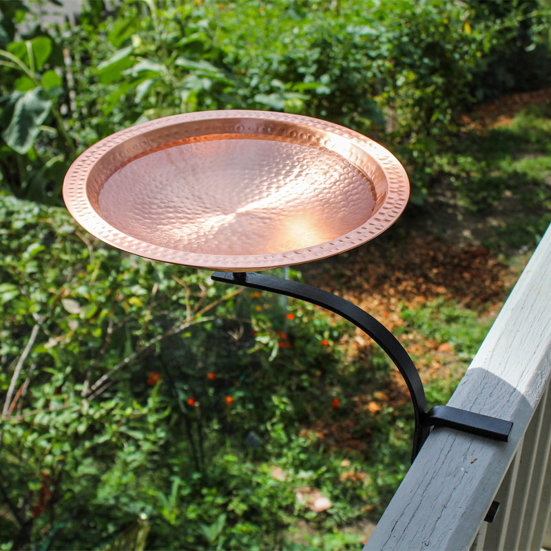 Hammered Copper Birdbath with Black Iron Rail Mount