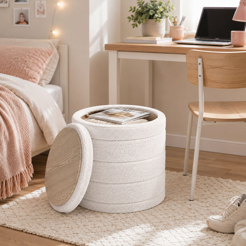 Round Folding Storage Ottoman, Reversible Tray Top