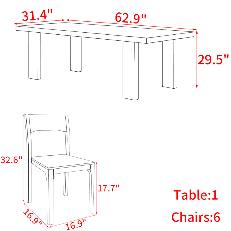 Ensemble de table à manger en bois massif de style français, Brun, H 29,5 po x L 62,9 po x l 31,4 po