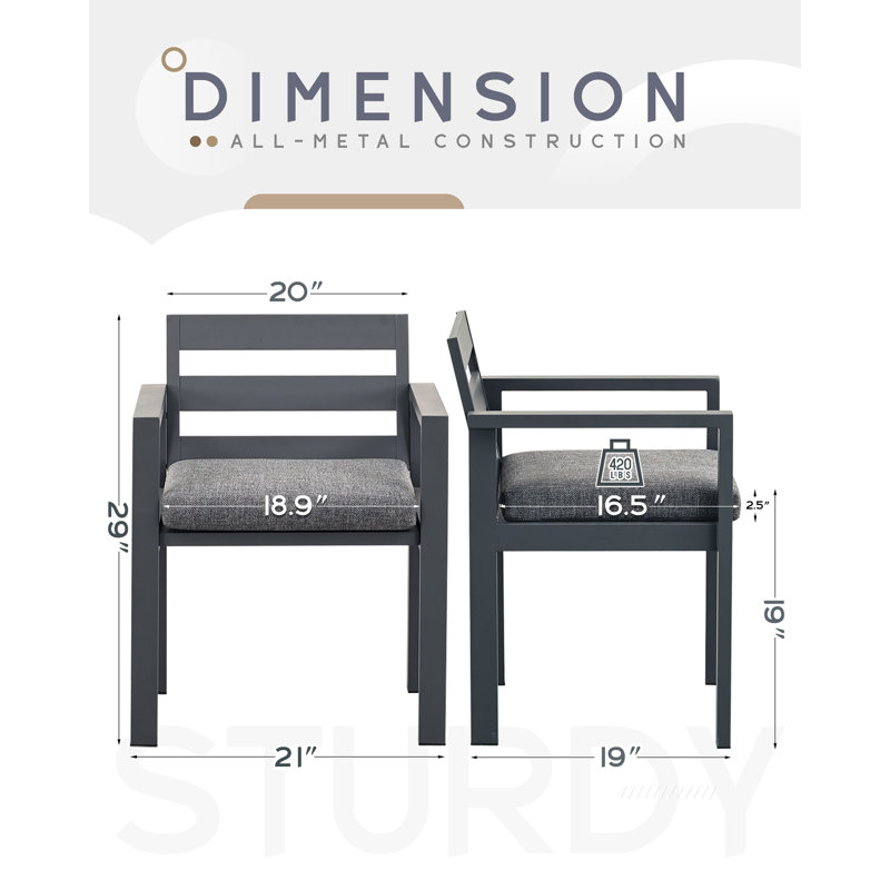 Ensemble de 2 chaises de patio avec coussin amovible, dossier ergonomique à 105 °, structure en métal robuste avec accoudoirs, résistant aux intempéries, gris