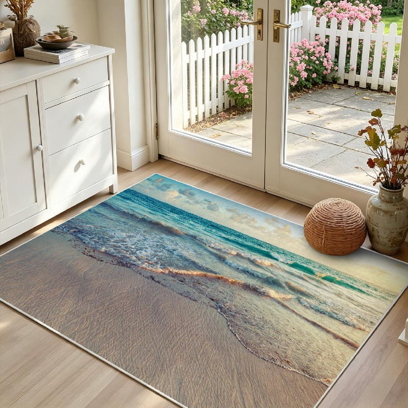 Tapis bleu clair transparent lavable à la machine avec paysage de lever de soleil, Rectangle 39 po x 63 po