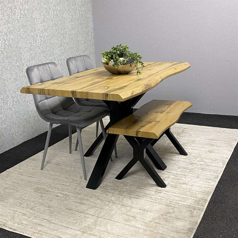 Wooden Dining Table with X-Shaped Iron Legs and 2 Grey Velvet Chairs Modern Dining Set (75cm), 75cmH x 140cmL x 80cmW