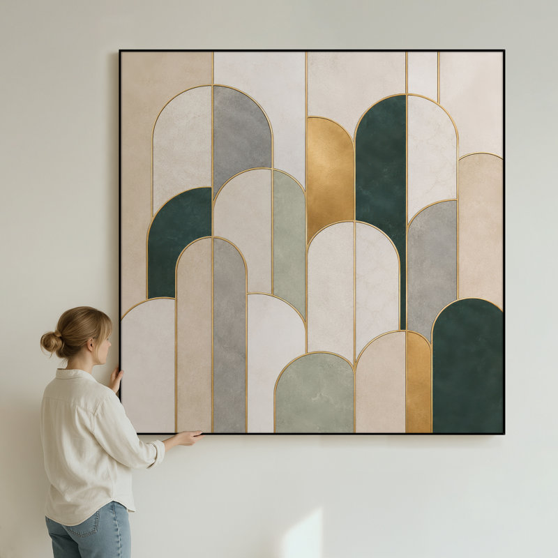 Très grand imprimé mural d'art en tissu - Motif d'arche géométrique avec panneaux or et sauge pour le salon ou la chambre à coucher - «Assemblage requis du cadre (cadre non fini)»